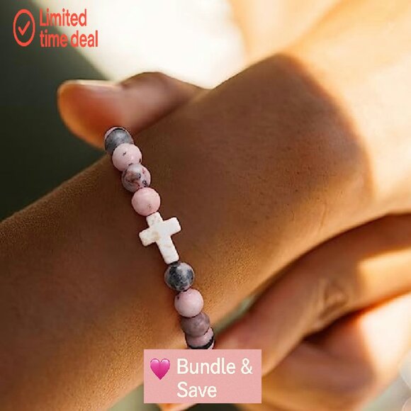 Natural Stone Cross Bead Bracelet, Stretch Fit, Christian Gift - Picture 3 of 8